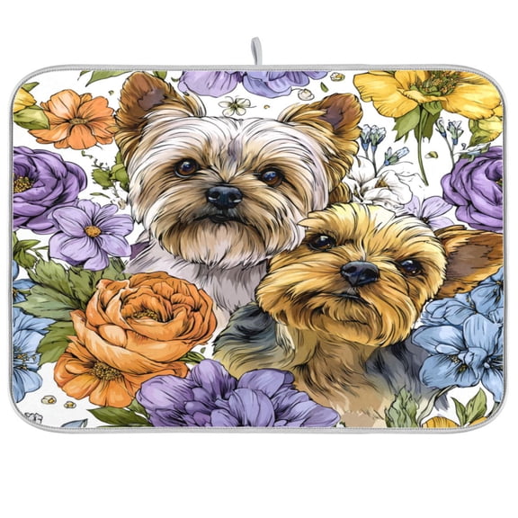RMDQTR 16 x 18 Inch Dish Drying Mat Microfiber Composite Sponge Kitchen Mats Large Counter Absorbent Dish Pad Lovely Yorkshire Terrier Dogs