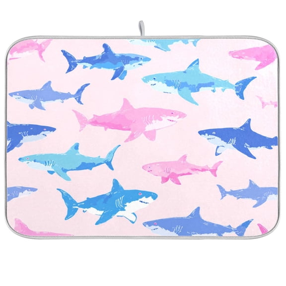 RMDQTR 16 x 18 Inch Dish Drying Mat Microfiber Composite Sponge Kitchen Mats Large Counter Absorbent Dish Pad Ocean Shark Joy