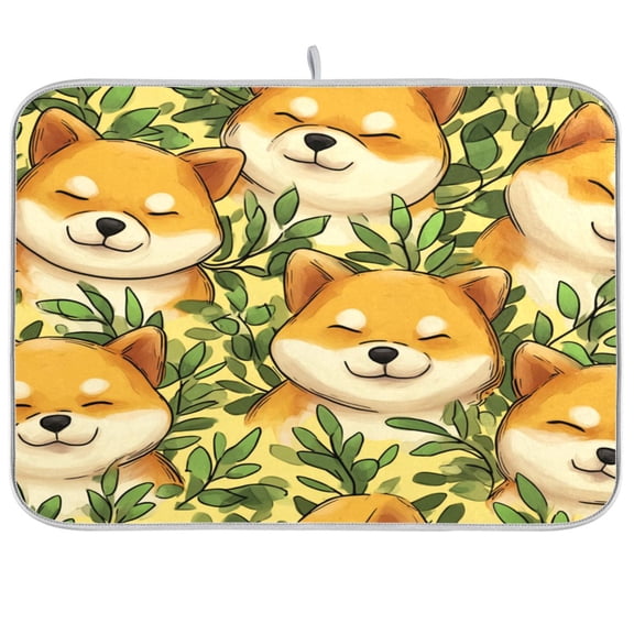 RMDQTR 16 x 18 Inch Dish Drying Mat Microfiber Composite Sponge Kitchen Mats Large Counter Absorbent Dish Pad Sleepy Shiba Buddies