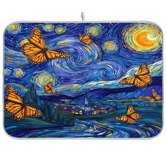 RMDQTR 16 x 18 Inch Dish Drying Mat Microfiber Composite Sponge Kitchen Mats Large Counter Absorbent Dish Pad Starry Monarch Butterflies