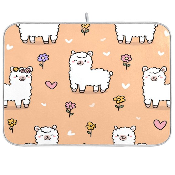 RMDQTR 16 x 18 Inch Dish Drying Mat Microfiber Composite Sponge Kitchen Mats Large Counter Absorbent Dish Pad Sunny Alpaca Hearts