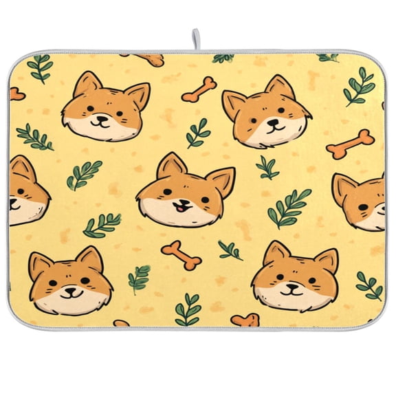 RMDQTR 16 x 18 Inch Dish Drying Mat Microfiber Composite Sponge Kitchen Mats Large Counter Absorbent Dish Pad Sunny Shiba Buddies