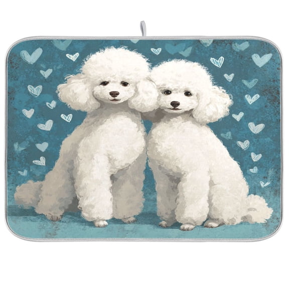 RMDQTR 16 x 18 Inch Dish Drying Mat Microfiber Composite Sponge Kitchen Mats Large Counter Absorbent Dish Pad Sweet White Poodle Duo