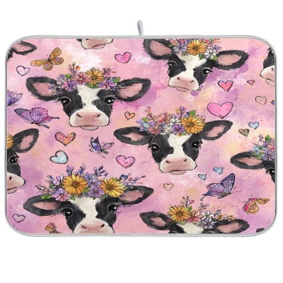 RMDQTR 18 x 24 Inch Dish Drying Mat Microfiber Composite Sponge Kitchen Mats Large Counter Absorbent Dish Pad Beautiful Cows with Flowers