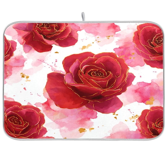 RMDQTR 18 x 24 Inch Dish Drying Mat Microfiber Composite Sponge Kitchen Mats Large Counter Absorbent Dish Pad Digital Art Red Roses Pattern