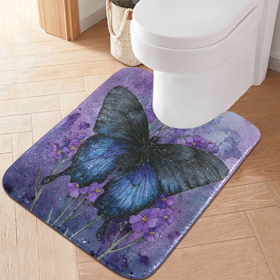 RMDQTR 20" Ă— 24" U Shape Bathroom Rugs Plush Toilet Base Mat Soft Rugs Non Slip Absorbent Black Blue Butterfly