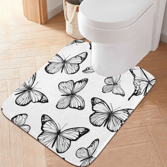 RMDQTR 20" × 24" U Shape Bathroom Rugs Plush Toilet Base Mat Soft Rugs Non Slip Absorbent Black and White Butterfly