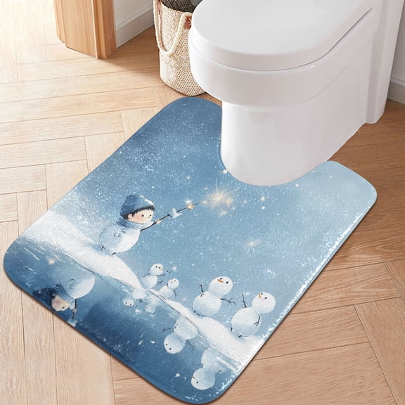 RMDQTR 20" × 24" U Shape Bathroom Rugs Plush Toilet Base Mat Soft Rugs Non Slip Absorbent Blue Cute Snowman