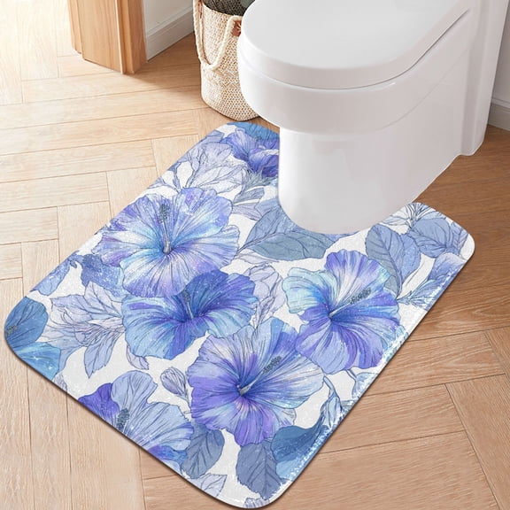 RMDQTR 20" × 24" U Shape Bathroom Rugs Plush Toilet Base Mat Soft Rugs Non Slip Absorbent Blue Hibiscus Flowers