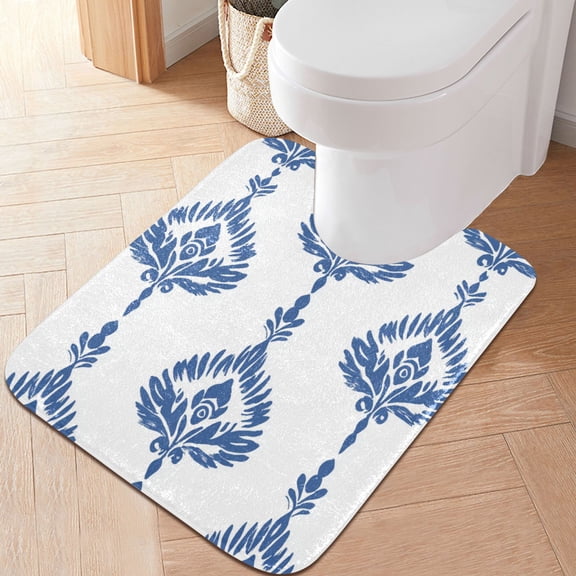 RMDQTR 20" × 24" U Shape Bathroom Rugs Plush Toilet Base Mat Soft Rugs Non Slip Absorbent Blue Pattern
