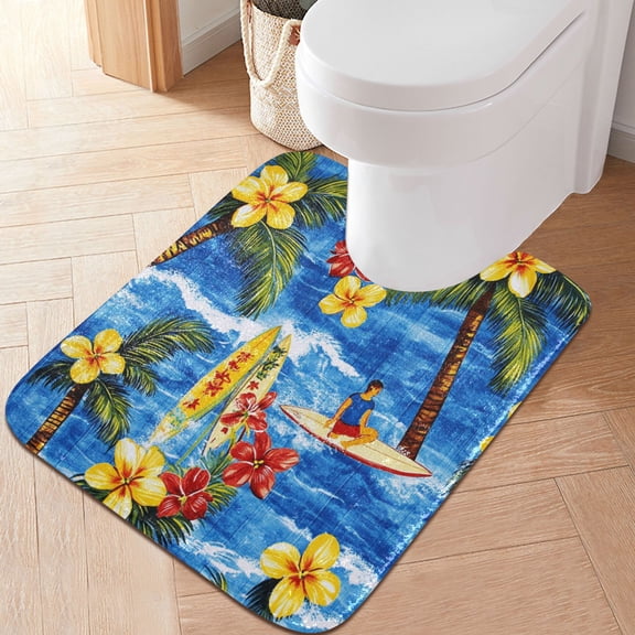 RMDQTR 20" × 24" U Shape Bathroom Rugs Plush Toilet Base Mat Soft Rugs Non Slip Absorbent Bright Blue Hawaiian