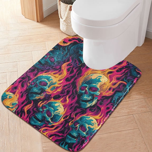 RMDQTR 20" × 24" U Shape Bathroom Rugs Plush Toilet Base Mat Soft Rugs Non Slip Absorbent Burning Skulls