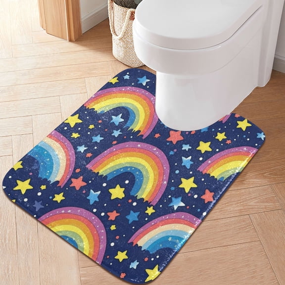 RMDQTR 20" × 24" U Shape Bathroom Rugs Plush Toilet Base Mat Soft Rugs Non Slip Absorbent Cartoon Rainbows Stars