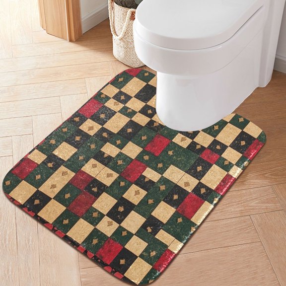 RMDQTR 20" × 24" U Shape Bathroom Rugs Plush Toilet Base Mat Soft Rugs Non Slip Absorbent Christmas Checkered Pattern