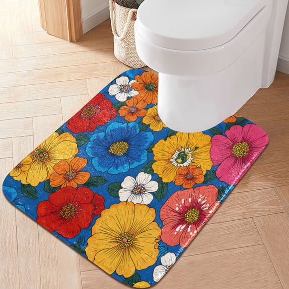 RMDQTR 20" × 24" U Shape Bathroom Rugs Plush Toilet Base Mat Soft Rugs Non Slip Absorbent Colorful Dahlia Flowers