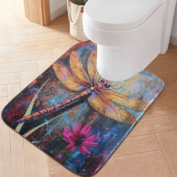 RMDQTR 20" × 24" U Shape Bathroom Rugs Plush Toilet Base Mat Soft Rugs Non Slip Absorbent Colorful Dragonfly Pattern