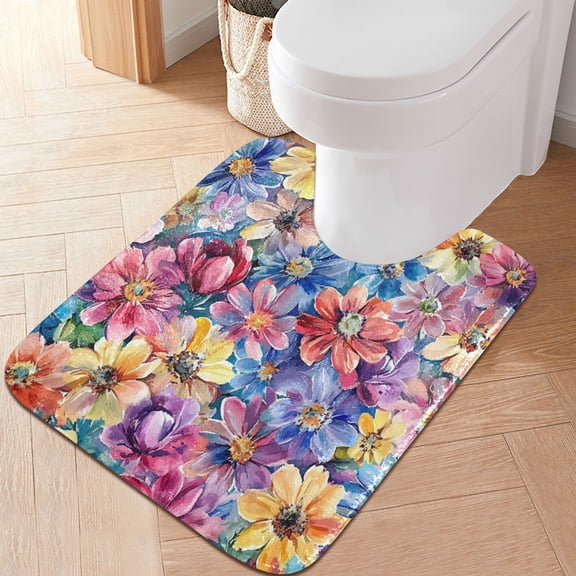 RMDQTR 20" × 24" U Shape Bathroom Rugs Plush Toilet Base Mat Soft Rugs Non Slip Absorbent Colorful Watercolor Flowers