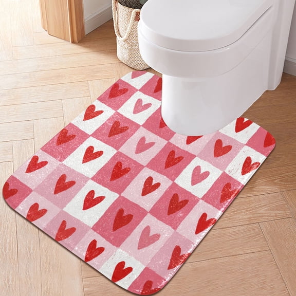 RMDQTR 20" × 24" U Shape Bathroom Rugs Plush Toilet Base Mat Soft Rugs Non Slip Absorbent Crayon Heart Checkers
