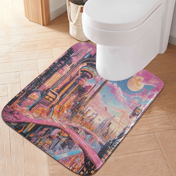 RMDQTR 20" × 24" U Shape Bathroom Rugs Plush Toilet Base Mat Soft Rugs Non Slip Absorbent Creative Future City