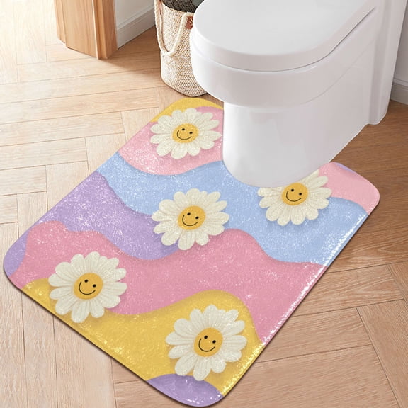RMDQTR 20" × 24" U Shape Bathroom Rugs Plush Toilet Base Mat Soft Rugs Non Slip Absorbent Cute Adorable Smiling Daisies