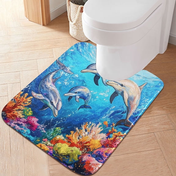 RMDQTR 20" × 24" U Shape Bathroom Rugs Plush Toilet Base Mat Soft Rugs Non Slip Absorbent Cute Dolphins Colorful Coral