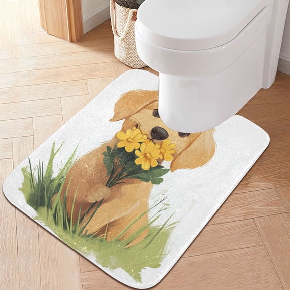 RMDQTR 20" × 24" U Shape Bathroom Rugs Plush Toilet Base Mat Soft Rugs Non Slip Absorbent Cute Golden Puppy