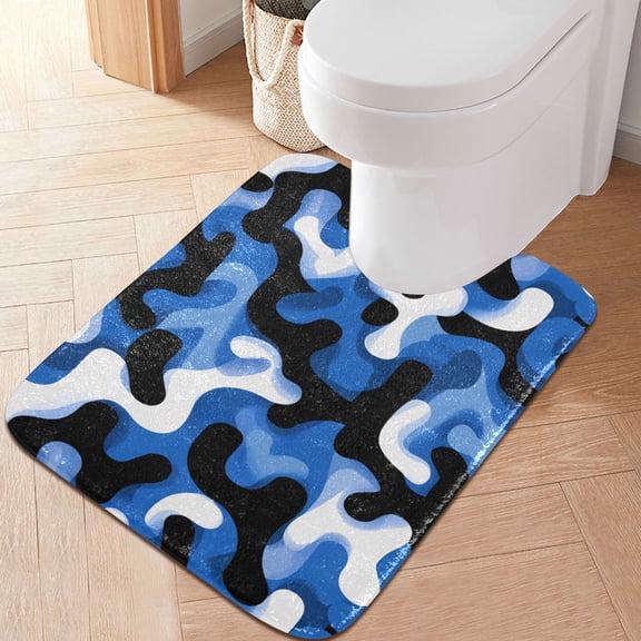 RMDQTR 20" × 24" U Shape Bathroom Rugs Plush Toilet Base Mat Soft Rugs Non Slip Absorbent Digital Blue and Black