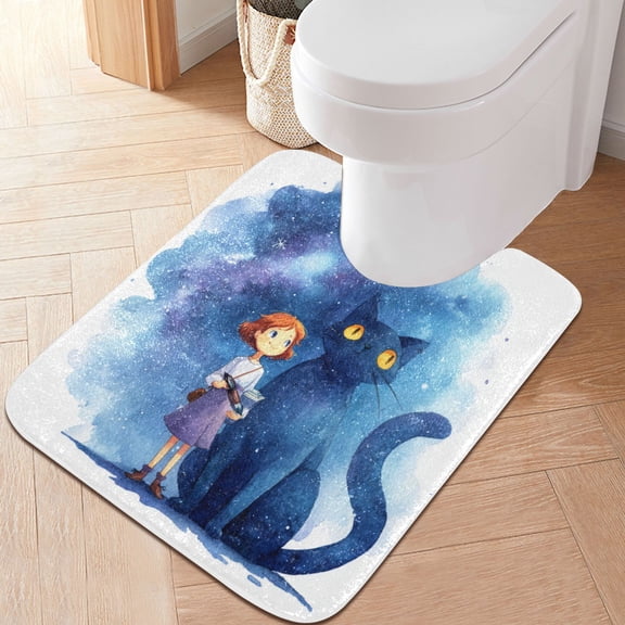 RMDQTR 20" × 24" U Shape Bathroom Rugs Plush Toilet Base Mat Soft Rugs Non Slip Absorbent Fantasy Blue Cat