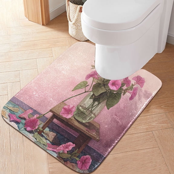 RMDQTR 20" × 24" U Shape Bathroom Rugs Plush Toilet Base Mat Soft Rugs Non Slip Absorbent Flowers in A Vase