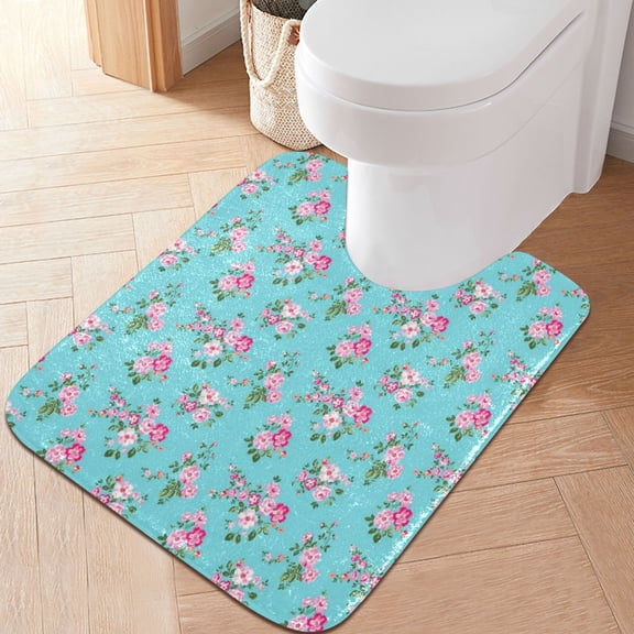 RMDQTR 20" × 24" U Shape Bathroom Rugs Plush Toilet Base Mat Soft Rugs Non Slip Absorbent Flowers on Blue