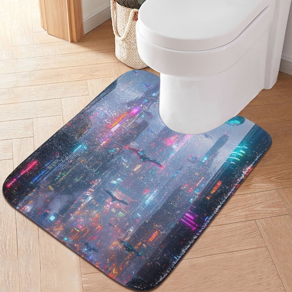 RMDQTR 20" × 24" U Shape Bathroom Rugs Plush Toilet Base Mat Soft Rugs Non Slip Absorbent Future City Scape