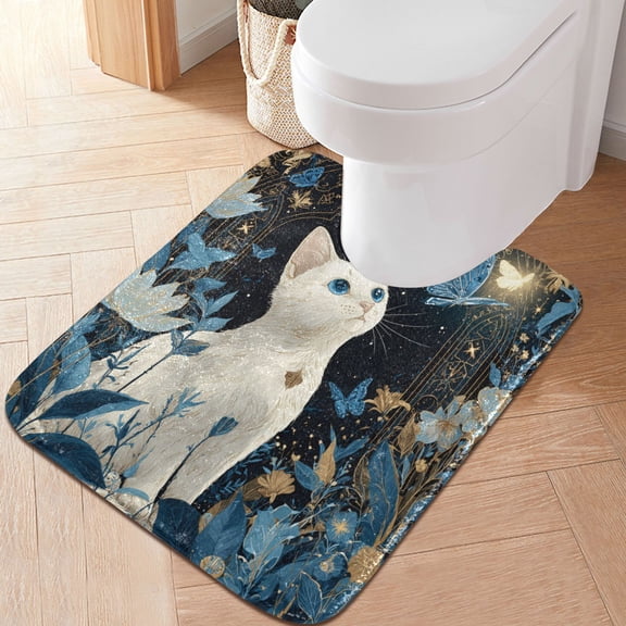 RMDQTR 20" × 24" U Shape Bathroom Rugs Plush Toilet Base Mat Soft Rugs Non Slip Absorbent Glowing Butterfly and Cat