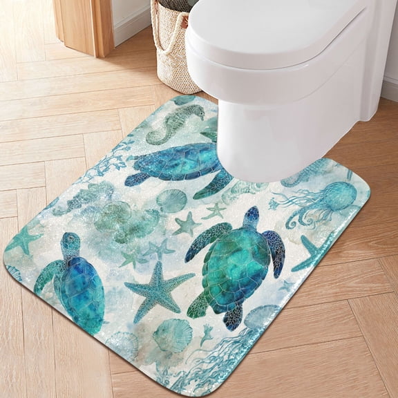 RMDQTR 20" ร 24" U Shape Bathroom Rugs Plush Toilet Base Mat Soft Rugs Non Slip Absorbent Green Adorable Sea Creatures