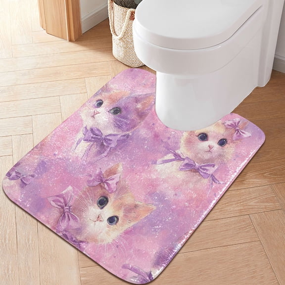 RMDQTR 20" × 24" U Shape Bathroom Rugs Plush Toilet Base Mat Soft Rugs Non Slip Absorbent Kittens with Bows Pattern