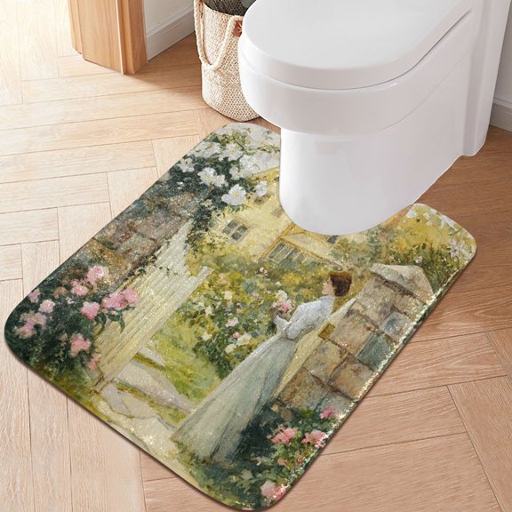 RMDQTR 20" × 24" U Shape Bathroom Rugs Plush Toilet Base Mat Soft Rugs Non Slip Absorbent Lady in A Garden