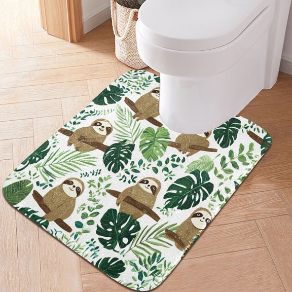 RMDQTR 20" × 24" U Shape Bathroom Rugs Plush Toilet Base Mat Soft Rugs Non Slip Absorbent Leafy Sloth Design
