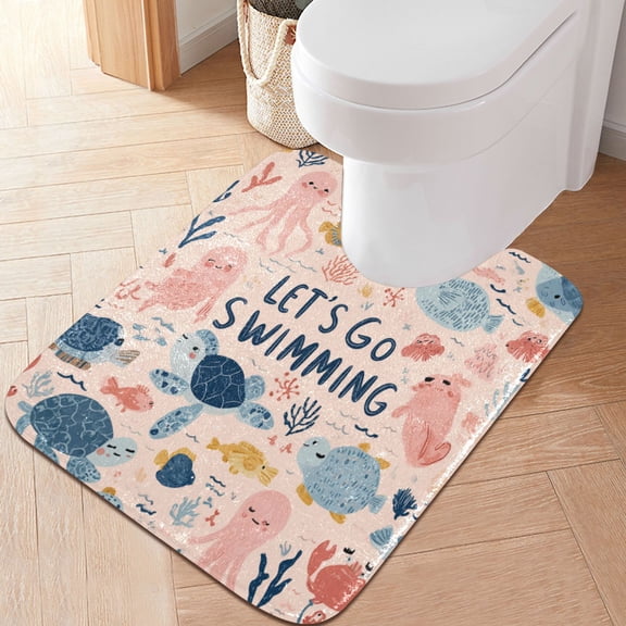 RMDQTR 20" × 24" U Shape Bathroom Rugs Plush Toilet Base Mat Soft Rugs Non Slip Absorbent Let's Go Swimming
