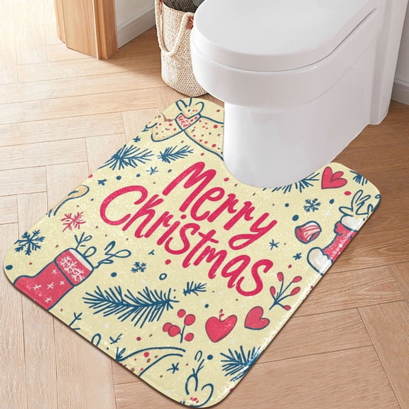 RMDQTR 20" × 24" U Shape Bathroom Rugs Plush Toilet Base Mat Soft Rugs Non Slip Absorbent Merry Christmas on Yellow