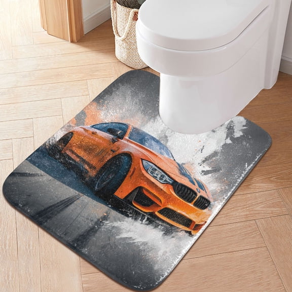 RMDQTR 20" × 24" U Shape Bathroom Rugs Plush Toilet Base Mat Soft Rugs Non Slip Absorbent Orange Car Pattern
