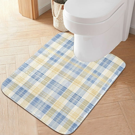 RMDQTR 20" × 24" U Shape Bathroom Rugs Plush Toilet Base Mat Soft Rugs Non Slip Absorbent Pale Blue-and-yellow Tartan