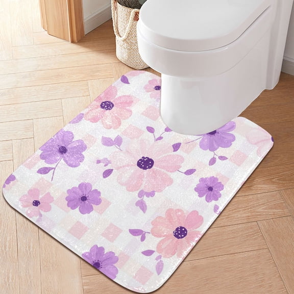RMDQTR 20" × 24" U Shape Bathroom Rugs Plush Toilet Base Mat Soft Rugs Non Slip Absorbent Pastel Purple Flowers