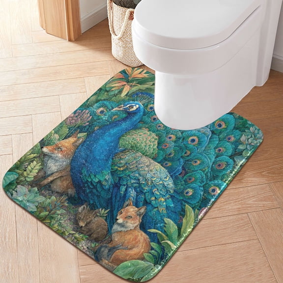 RMDQTR 20" × 24" U Shape Bathroom Rugs Plush Toilet Base Mat Soft Rugs Non Slip Absorbent Peacock and Foxes