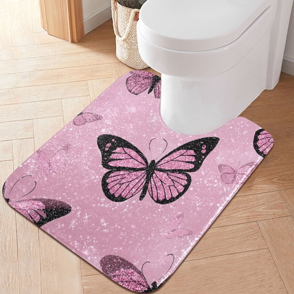 RMDQTR 20" × 24" U Shape Bathroom Rugs Plush Toilet Base Mat Soft Rugs Non Slip Absorbent Pink Sequin Butterfly
