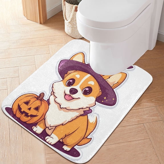 RMDQTR 20" × 24" U Shape Bathroom Rugs Plush Toilet Base Mat Soft Rugs Non Slip Absorbent Pumpkin Corgi