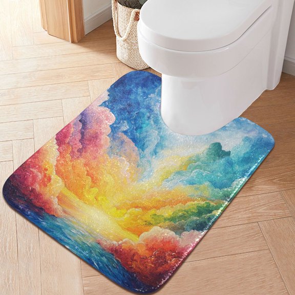 RMDQTR 20" × 24" U Shape Bathroom Rugs Plush Toilet Base Mat Soft Rugs Non Slip Absorbent Rainbow Color Clouds