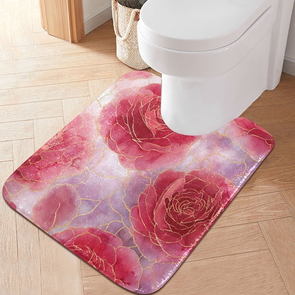 RMDQTR 20" × 24" U Shape Bathroom Rugs Plush Toilet Base Mat Soft Rugs Non Slip Absorbent Red Gold Rose Petals