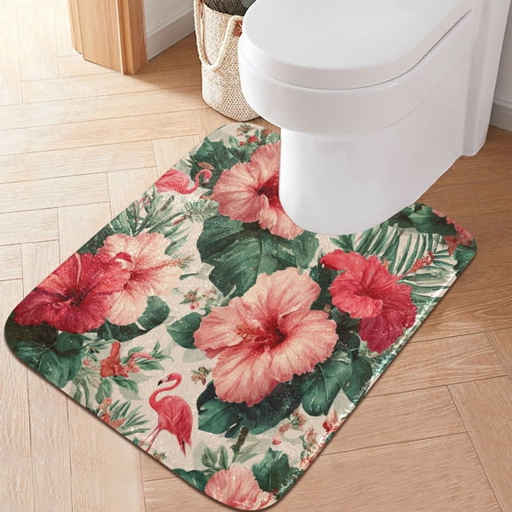 RMDQTR 20" × 24" U Shape Bathroom Rugs Plush Toilet Base Mat Soft Rugs Non Slip Absorbent Red Hibiscus Flowers