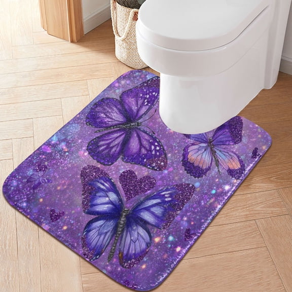 RMDQTR 20" × 24" U Shape Bathroom Rugs Plush Toilet Base Mat Soft Rugs Non Slip Absorbent Shimmering Purple Butterflies
