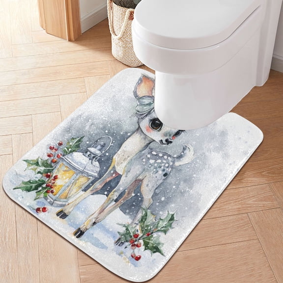 RMDQTR 20" × 24" U Shape Bathroom Rugs Plush Toilet Base Mat Soft Rugs Non Slip Absorbent Silver Deer Pattern