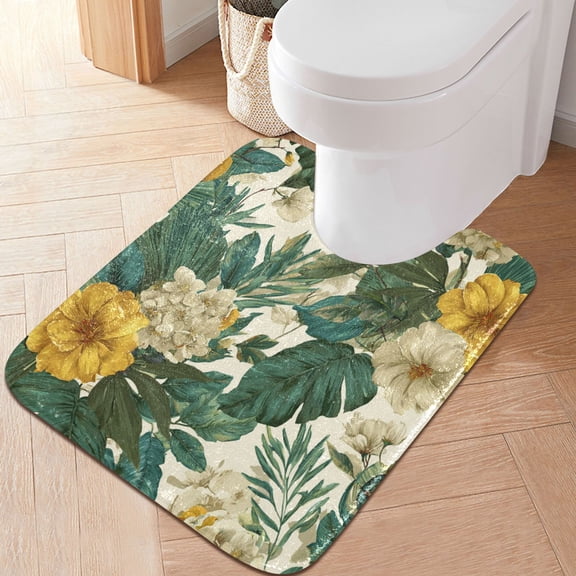RMDQTR 20" × 24" U Shape Bathroom Rugs Plush Toilet Base Mat Soft Rugs Non Slip Absorbent Tropical Plants
